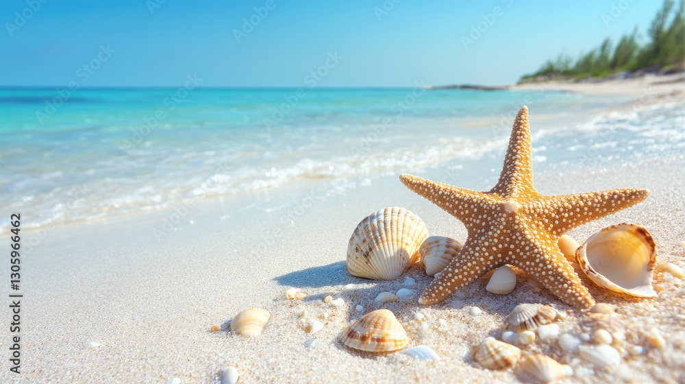 Seashells and Starfish on Sandy Beach: a stunning close-up shot features a majestic starfish and variety of seashells resting on the soft sand, inviting feelings of relaxation and summer fun.