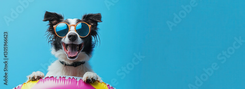Cool Canine Vacation: An adorable dog with sunglasses rests its paws on a colorful inflatable ring, exuding joy and relaxation. Perfect for summer-themed designs.