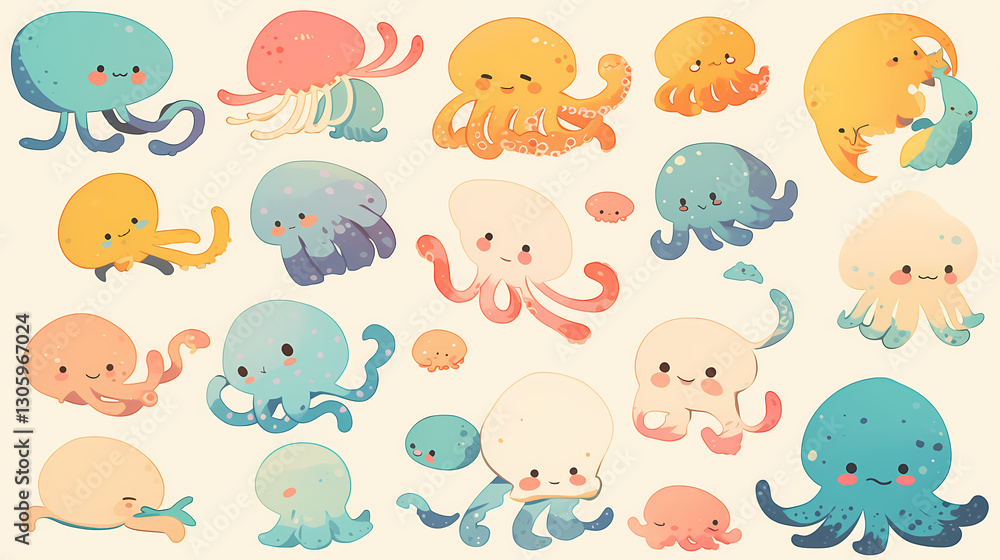 Cute and colorful cartoon jellyfish and octopuses playfully interacting in a whimsical underwater scene Cute and colorful cartoon jellyfish and octopuses playfully interacting in a whimsical underwater scene