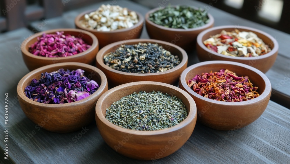 Assorted dried tea blends on wooden table Assorted dried tea blends on wooden table