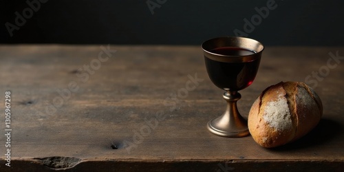 A rustic wooden table holds a chalice of dark red liquid and a loaf of artisan bread, a simple yet evocative still life. photo
