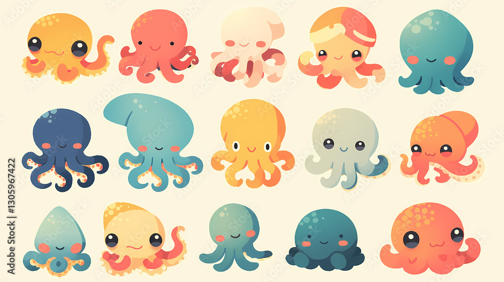 Cute and colorful cartoon octopuses in various expressions and poses on a light background Cute and colorful cartoon octopuses in various expressions and poses on a light background
