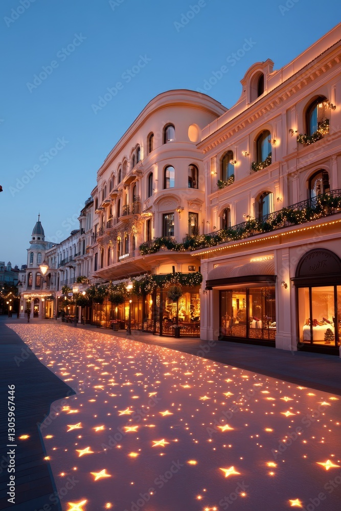 Fototapeta premium Enchanting Evening Street Lights and Elegant Architecture in Holiday Setting