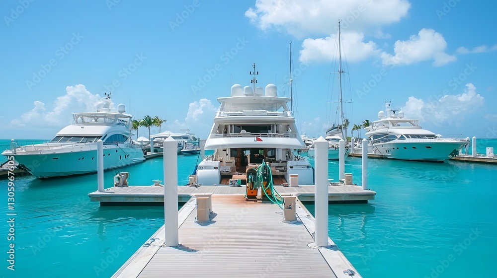 Fototapeta premium Luxurious Yacht Docked at an Exclusive Tropical Marina Undergoing Refueling Amid Serene Turquoise Waters and Stunning Scenic Surroundings