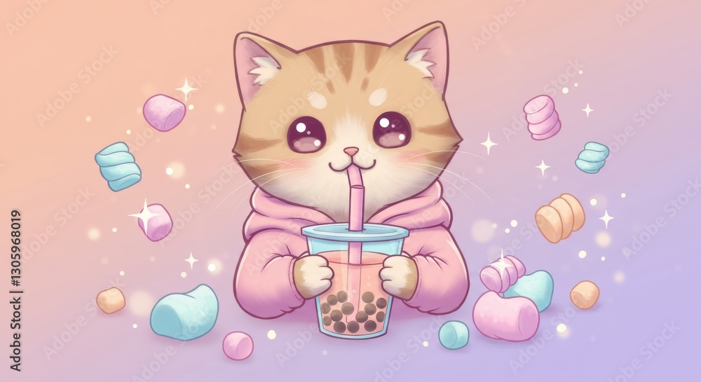 Adorable Kawaii Kitten Enjoying Boba Tea: A Sweet Pastel Illustration Adorable Kawaii Kitten Enjoying Boba Tea: A Sweet Pastel Illustration