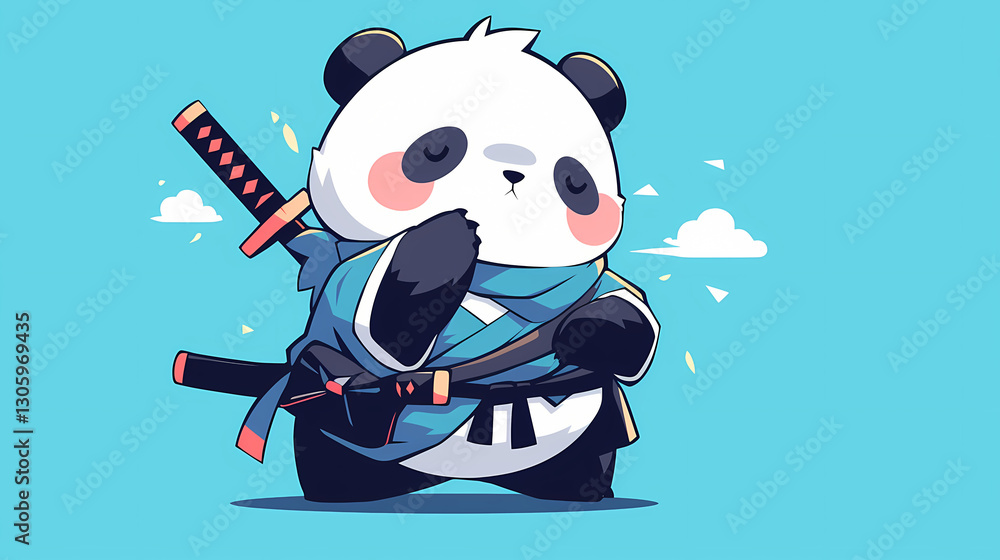 Naklejka premium Cute cartoon panda in ninja attire, playfully posing against a bright blue background with clouds