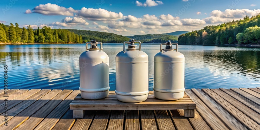Naklejka premium Three propane tanks lined up in a row on a wooden dock overlooking a serene lake, dockside storage, gas cylinders