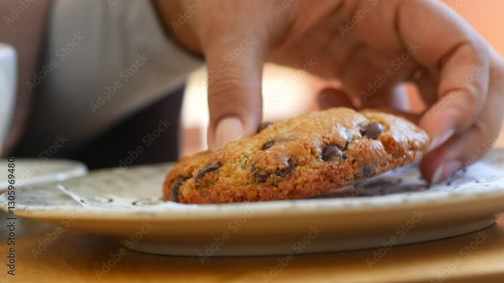 Delicious chocolate chip cookie on a plate in a cozy cafe Delicious chocolate chip cookie on a plate in a cozy cafe