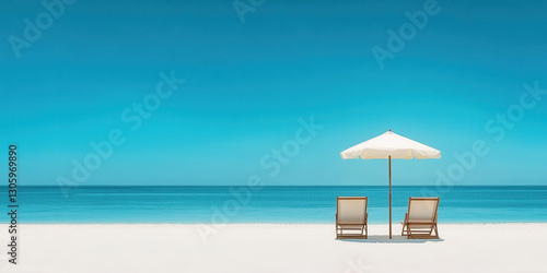 Beach Serenity: Two beach chairs sit beneath a white umbrella on a pristine white sand beach, facing a tranquil turquoise ocean under a clear blue sky.  Relaxation, peace, and escape are evoked.