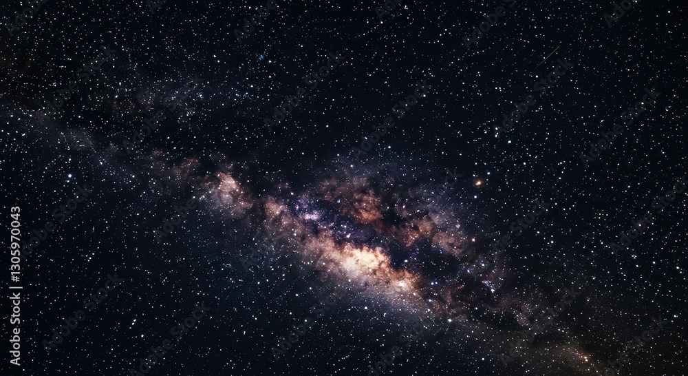 Obraz premium Celestial River: The mesmerizing beauty of the Milky Way galaxy unfurls in a vast, starlit expanse, captivating viewers with its cosmic grandeur.