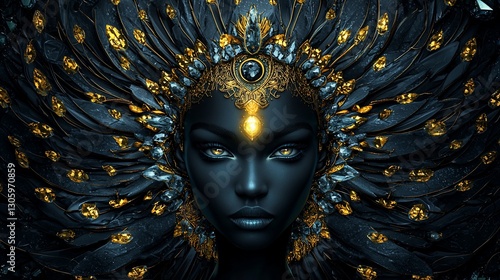 Regal woman, ornate headdress, dark feathers