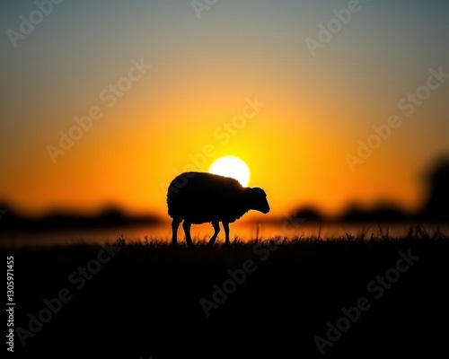 A lone sheep silhouetted against a vibrant sunset, with warm colors blending in the sky, creating a peaceful pastoral scene.