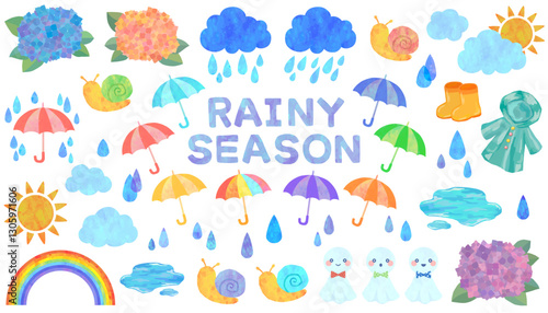 梅雨のイラストセット ベクター素材