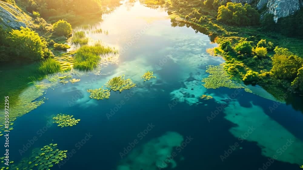 Aerial View of a Pristine Lake Surrounded by Lush Greenery, Calm Waters and Sunlight Aerial View of a Pristine Lake Surrounded by Lush Greenery, Calm Waters and Sunlight