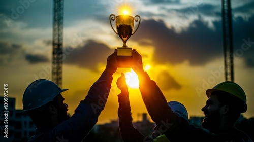 Sunset Celebration  Construction Workers Winning Trophy