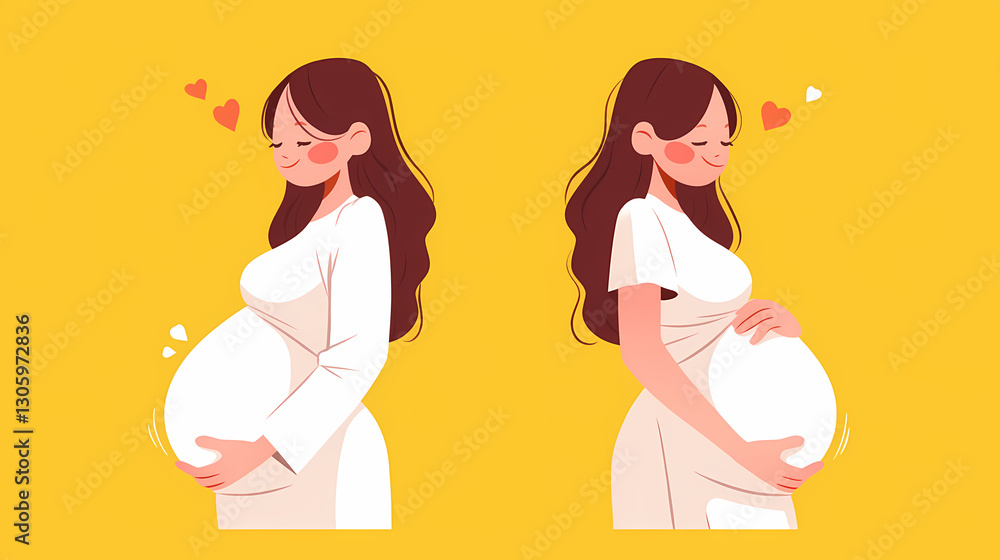 Pregnant woman in a joyful pose, showcasing her baby bump against a cheerful yellow background Pregnant woman in a joyful pose, showcasing her baby bump against a cheerful yellow background