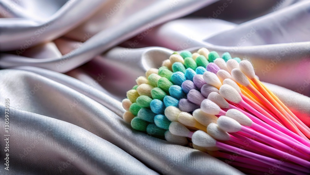 Cotton Swab Dispenser Cleaner - Macro Close-up, Silk Fabric, Gray Gradient Background Cotton Swab Dispenser Cleaner - Macro Close-up, Silk Fabric, Gray Gradient Background