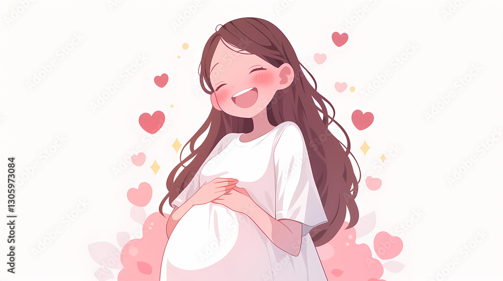 Joyful pregnant woman smiling with hands on her belly surrounded by soft pink hearts and sparkles Joyful pregnant woman smiling with hands on her belly surrounded by soft pink hearts and sparkles