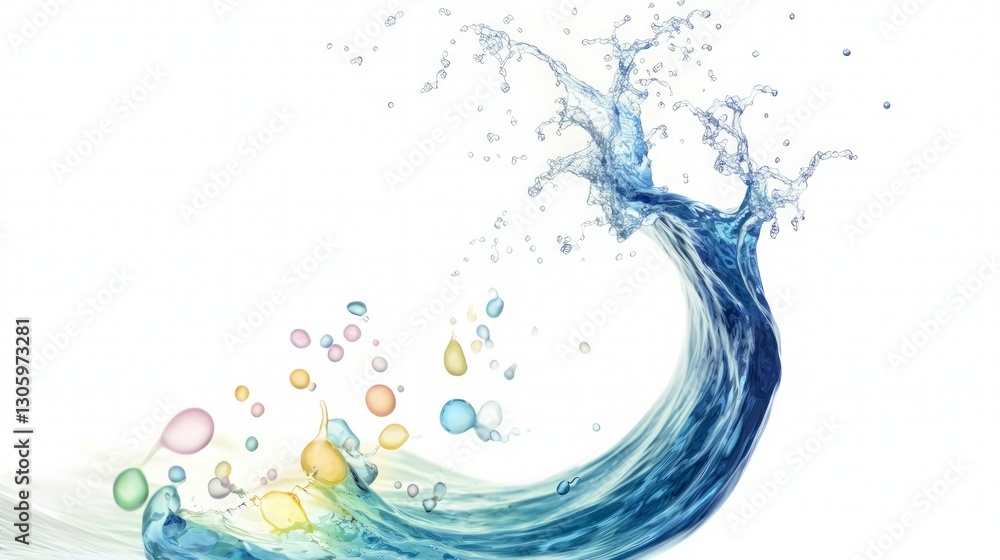 Fototapeta premium Dynamic Blue Water Wave Splash with Colorful Bubbles