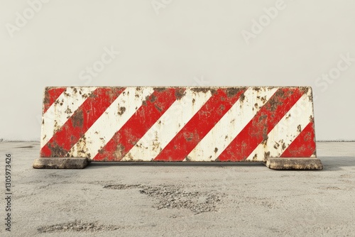 Rusty, red and white barrier on concrete floor, blank wall background photo