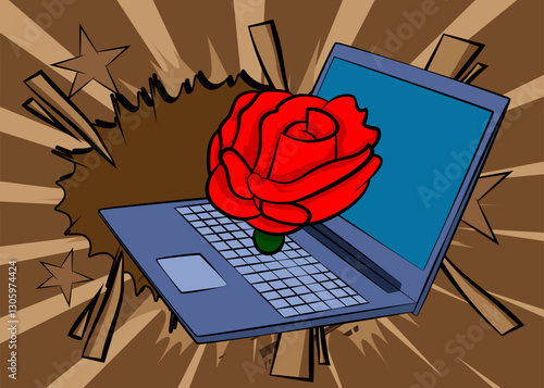 Cartoon Laptop, comic book Notebook with Red Rose. Retro vector comics pop art design.