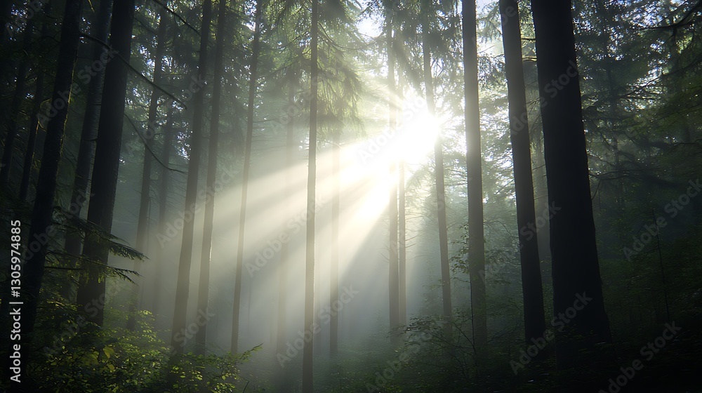 Obraz premium A serene morning scene in a dense forest with sun rays filtering through trees.