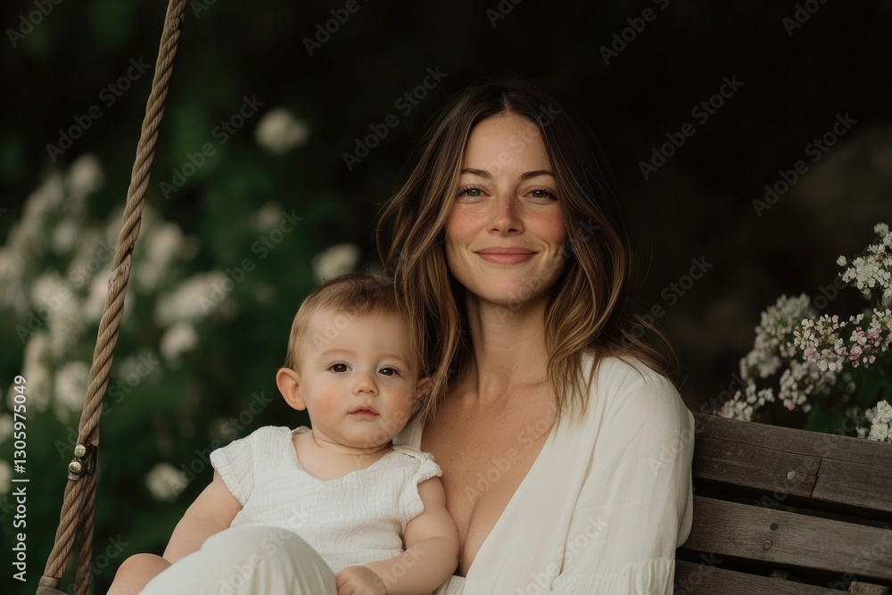 charming capture of mother and baby sitting on wooden swing in garden surrounded by flowers composition inviting and charming capture of mother and baby sitting on wooden swing in garden surrounded by flowers composition inviting and