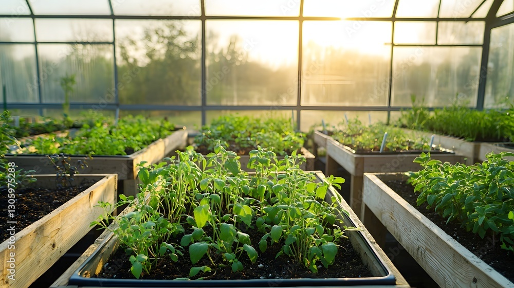 Fototapeta premium Serene and tranquil interior of a glass greenhouse showcasing a variety of thriving herbs growing in wooden raised beds bathed in the soft