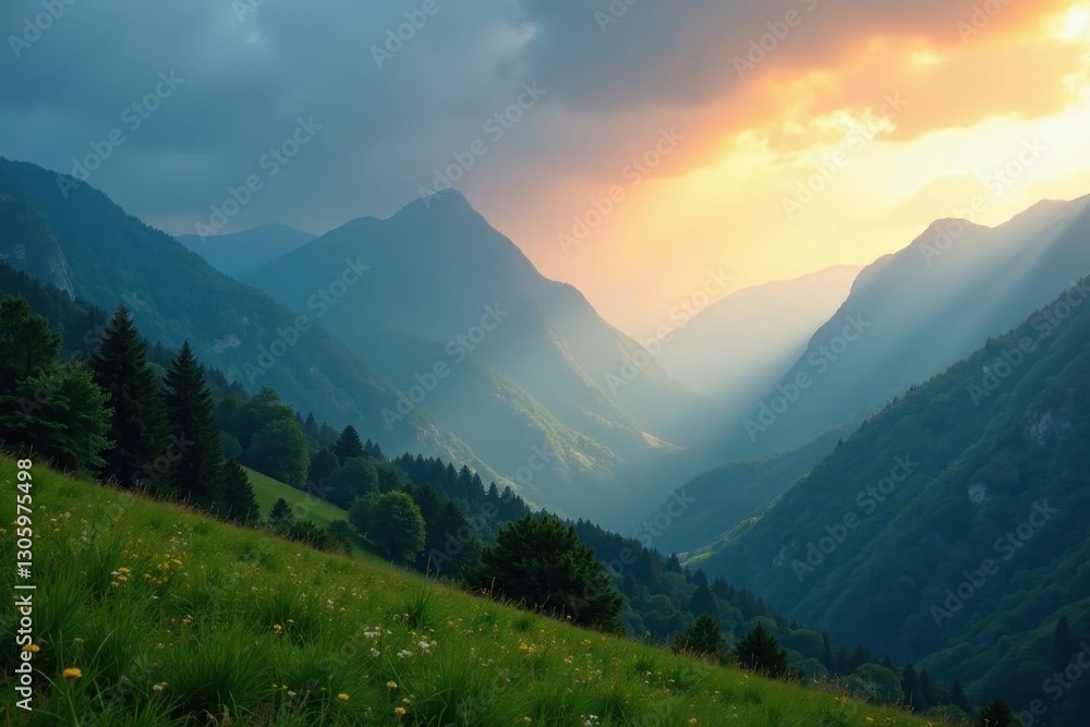 Fototapeta premium Misty mountains with a faint rainbow after rain shower , maui, west maui, view
