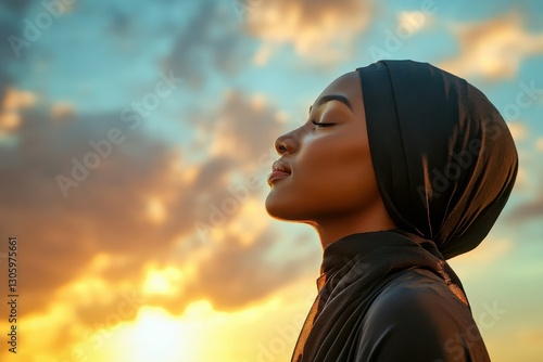 A Black Muslim woman praying, standing on the right side of the frame facing left, looking up at the sky with clouds in the background, in the golden hour light
