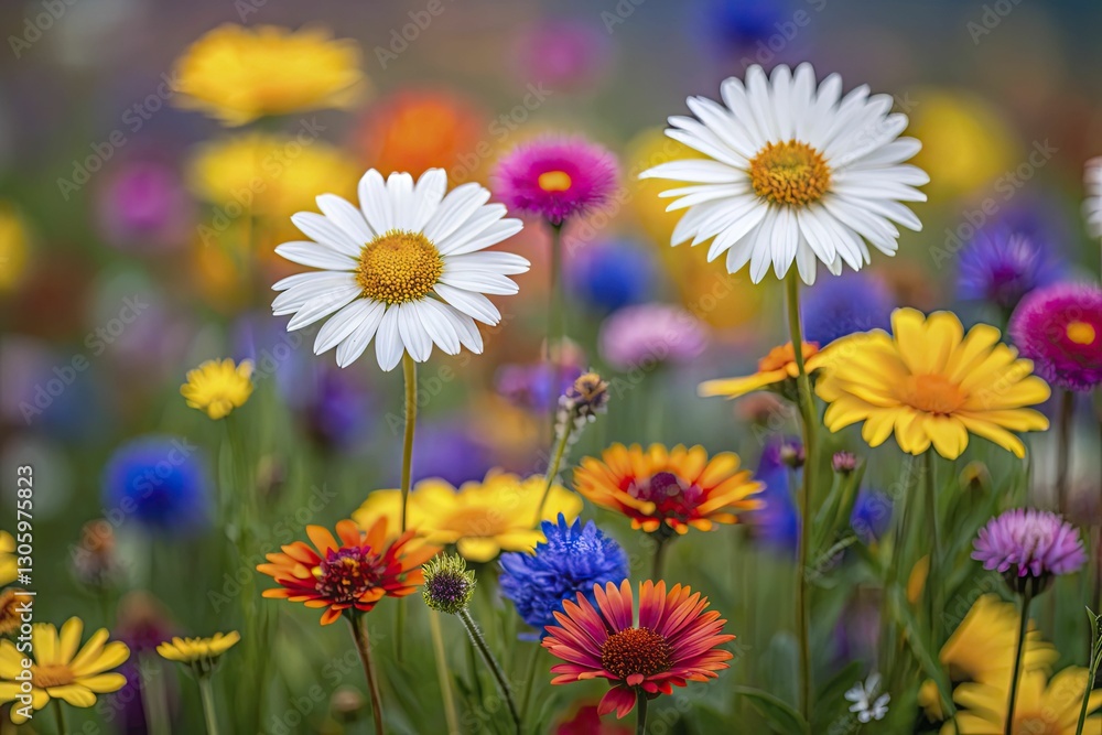 Fototapeta premium A stunning close-up of a wildflower meadow, capturing the intricate details and bright colors of various blooms.