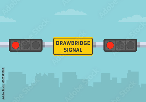 Traffic regulation rules and tips. Close-up view of traffic light and drawbridge signal sign. Flat vector illustration template.