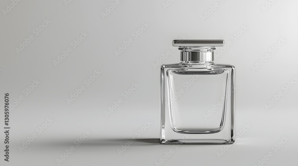Sleek and Minimal Square Shaped Glass Bottle with Flat Silver Cap A Stylish and Elegant Cosmetic or Perfume Container in a Sophisticated Studio Setup Sleek and Minimal Square Shaped Glass Bottle with Flat Silver Cap A Stylish and Elegant Cosmetic or Perfume Container in a Sophisticated Studio Setup