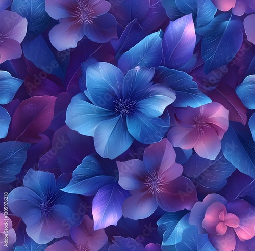 Seamless abstract beautiful purple and blue magical flowers pattern background