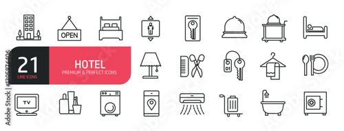 Set of line icons related to ringing bell, location, bed, bath, location.  Outline icons collection. Editable stroke. Vector illustration