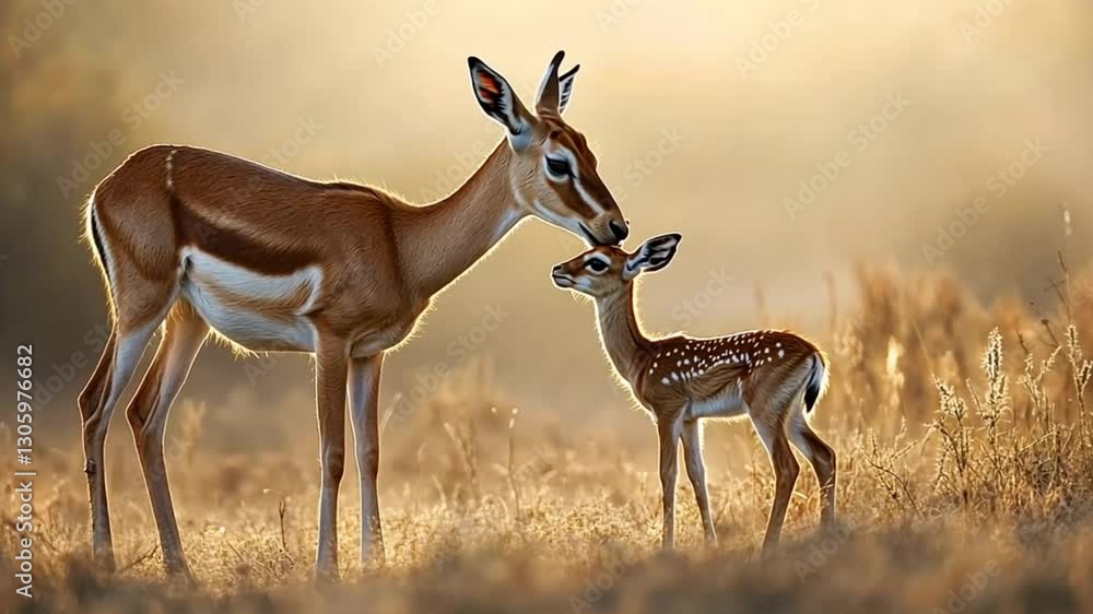 Mother Impala and Calf in Golden Sunrise Savanna. Possible use Stock photo for nature, wildlife, family, love, conservation, or educational material. Mother Impala and Calf in Golden Sunrise Savanna. Possible use Stock photo for nature, wildlife, family, love, conservation, or educational material.