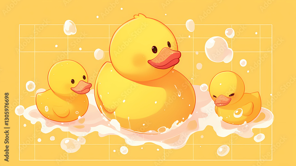 Three cheerful yellow rubber ducks playfully splashing in a bubbly bath against a bright backdrop Three cheerful yellow rubber ducks playfully splashing in a bubbly bath against a bright backdrop