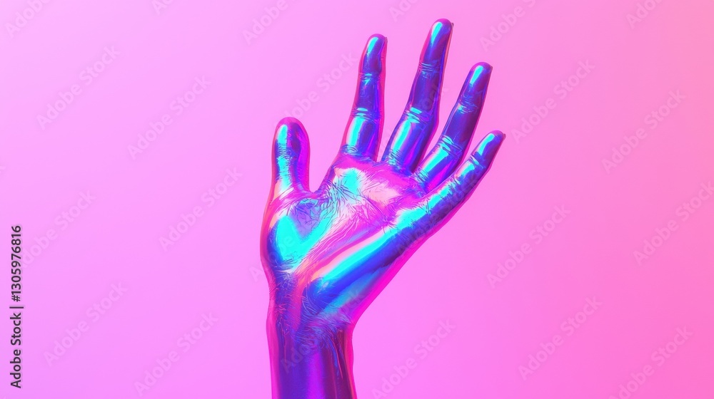 Holographic hand on pink background. Concept of futuristic technology, virtual reality, and modern art. Holographic hand on pink background. Concept of futuristic technology, virtual reality, and modern art.