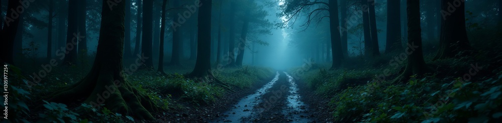 Fototapeta premium Dark and spooky pathway in the woods shrouded in shadows, eerie, fantasy