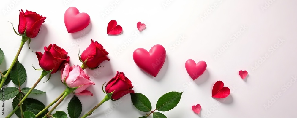 Elegant red and pink roses with green leaves on a white background for Valentine's Day, red, green Elegant red and pink roses with green leaves on a white background for Valentine's Day, red, green