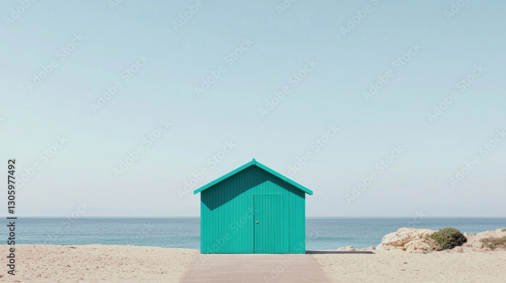 A turquoise beach hut on a sandy beach with the ocean in the background. Minimalist summer scene. A turquoise beach hut on a sandy beach with the ocean in the background. Minimalist summer scene.