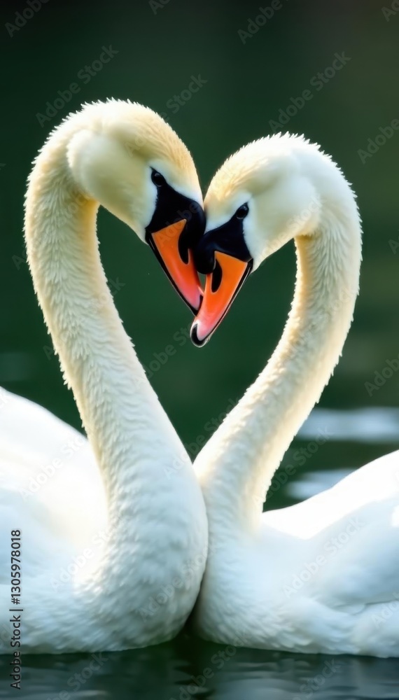 Fototapeta premium Close-up of two swans cuddling, gentle out-of-focus scenery, wild animals, serenity, couple