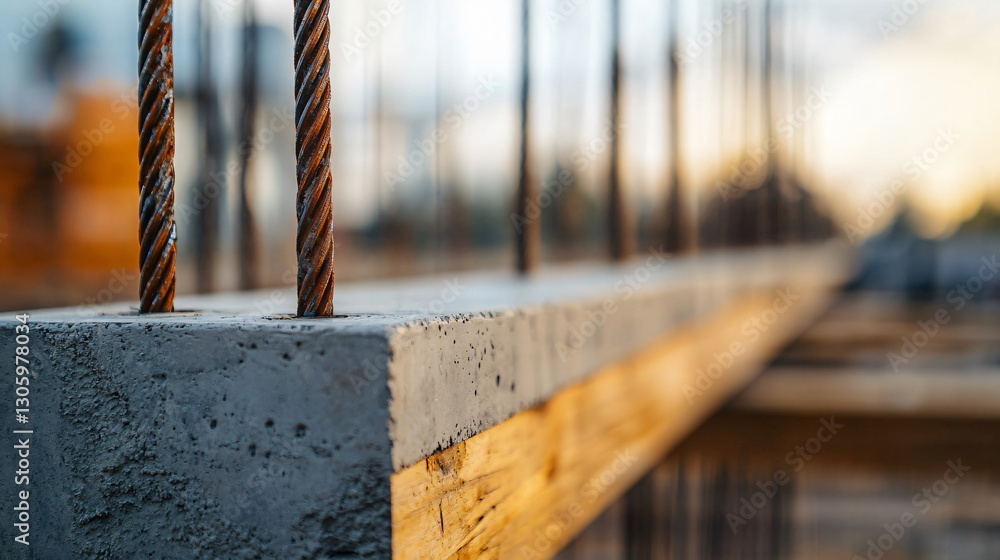 Construction Site Action High-Resolution Closeup of Reinforced Concrete Beams at Sunset Industrial Environment