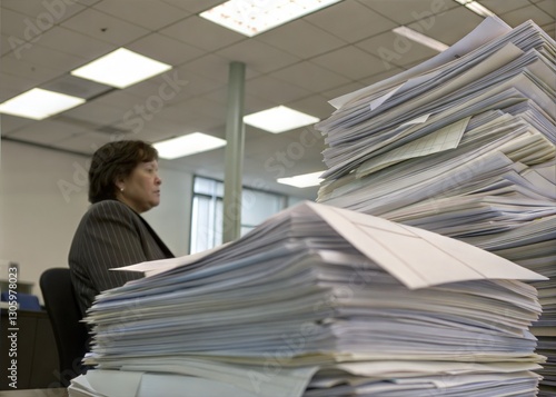 Overwhelmed Office Worker Faced with a Mountain of Papers