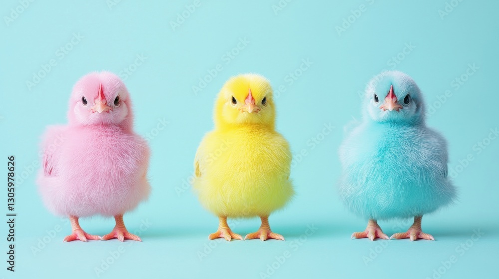 Three colorful chicks in a row on a blue background. Concept of Easter, spring, and new life.