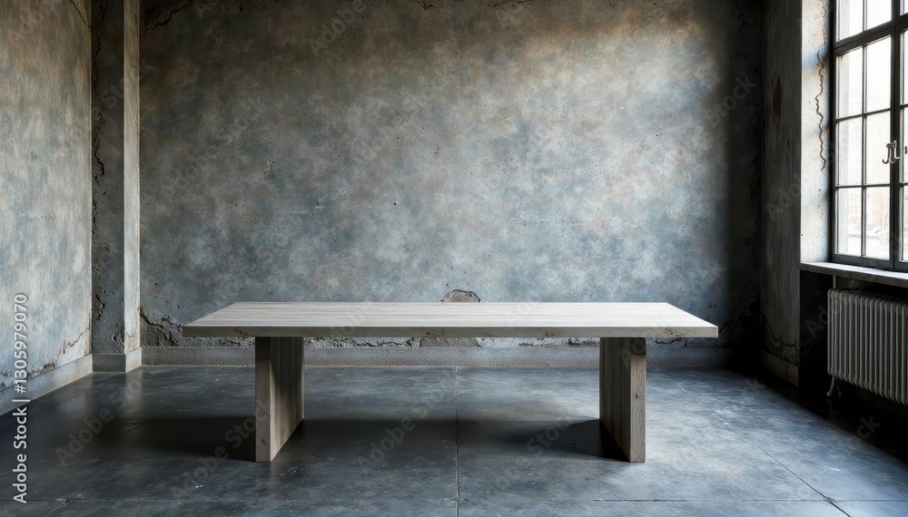 Gray table, stained loft wall, dark concrete floor, light gradient background , background, empty Gray table, stained loft wall, dark concrete floor, light gradient background , background, empty