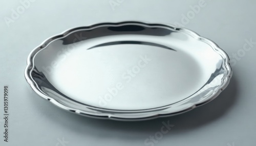 Highly polished silver plate reflecting light, displaying a mirror-like finish, object, metal