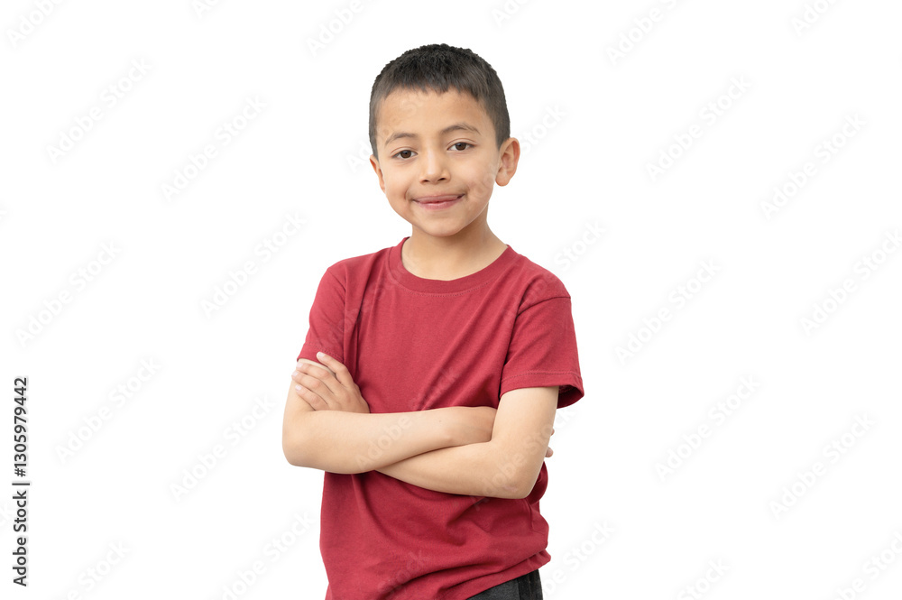 Confident latin american boy crossing arms on white background Confident latin american boy crossing arms on white background