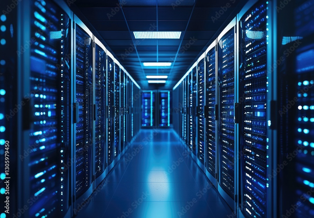 A high-tech data center with rows of illuminated server racks glowing with blue LED lights. Ideal for technology, cybersecurity, cloud computing, and network infrastructure visuals A high-tech data center with rows of illuminated server racks glowing with blue LED lights. Ideal for technology, cybersecurity, cloud computing, and network infrastructure visuals
