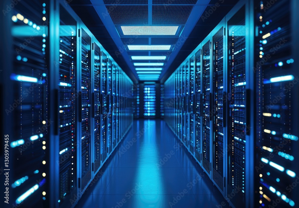 A futuristic data center with rows of illuminated server racks glowing with blue LED lights. Ideal for technology, cybersecurity, cloud computing, and network infrastructure visuals A futuristic data center with rows of illuminated server racks glowing with blue LED lights. Ideal for technology, cybersecurity, cloud computing, and network infrastructure visuals